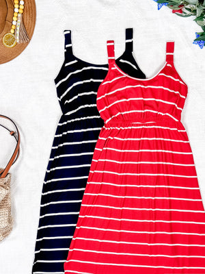 Reagan Ribbed Midi Dress - Midnight Navy Stripes