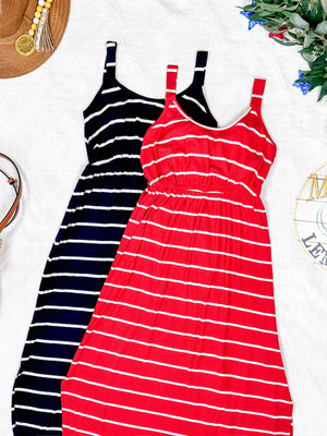 Reagan Ribbed Midi Dress - Midnight Navy Stripes