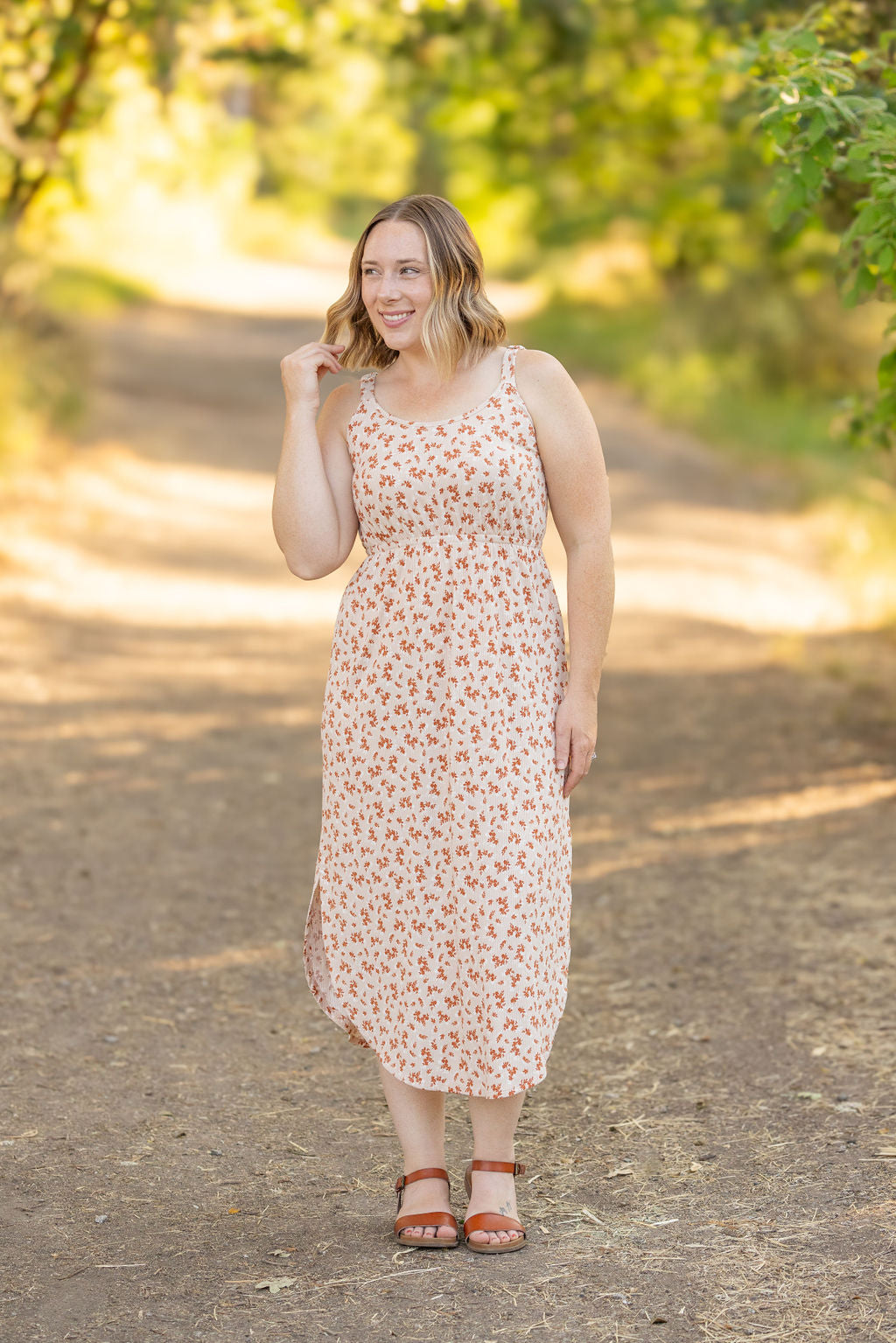 Reagan Ribbed Midi Dress - Sand and Rust Floral