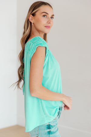 Ruched Cap Sleeve Top in Neon Blue