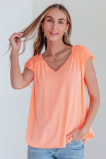 Ruched Cap Sleeve Top in Neon Orange