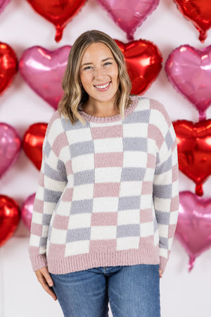 Checkered Sweater - Grey and Pink