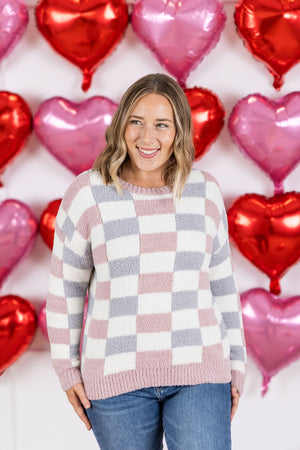 Checkered Sweater - Grey and Pink