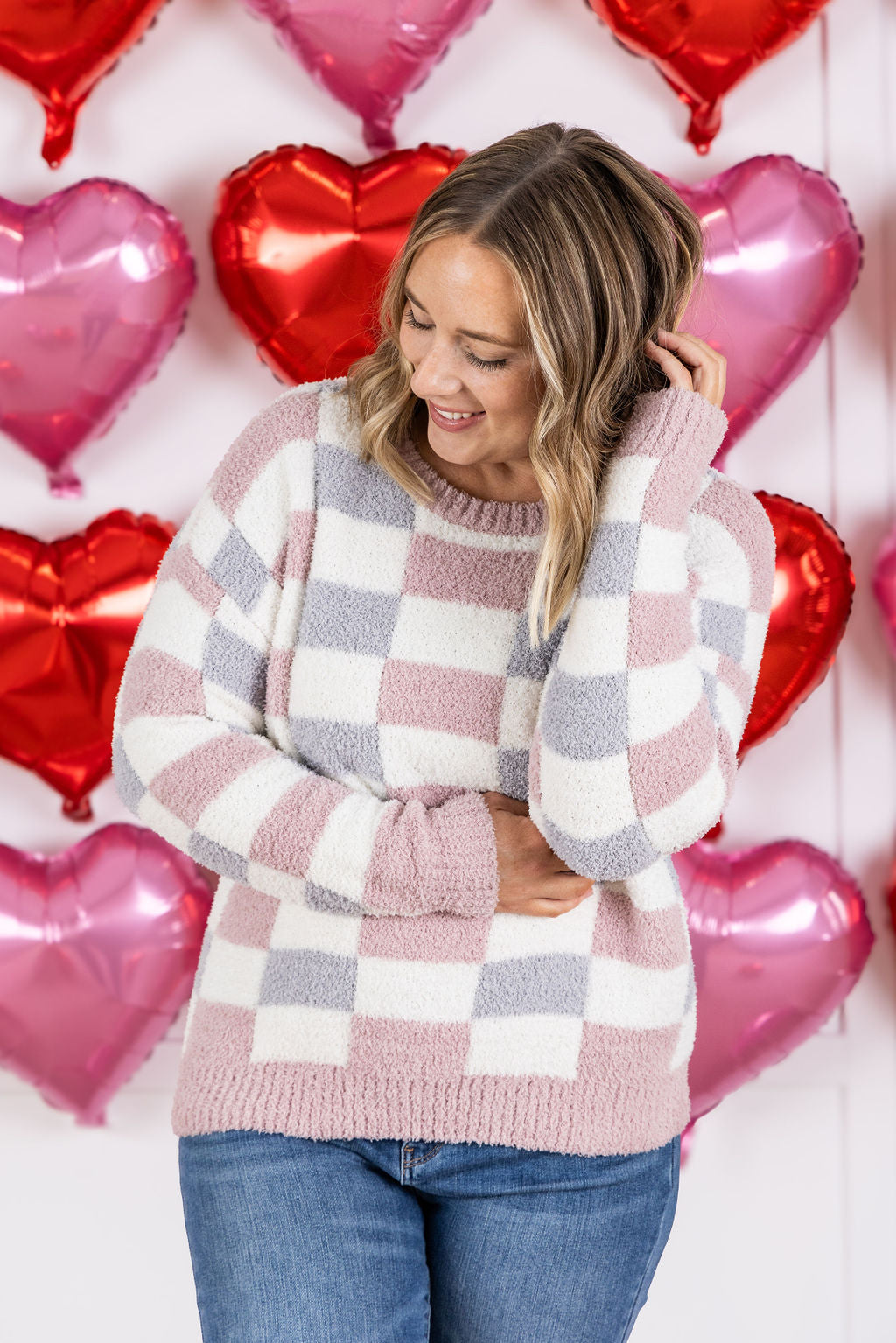 Checkered Sweater - Grey and Pink