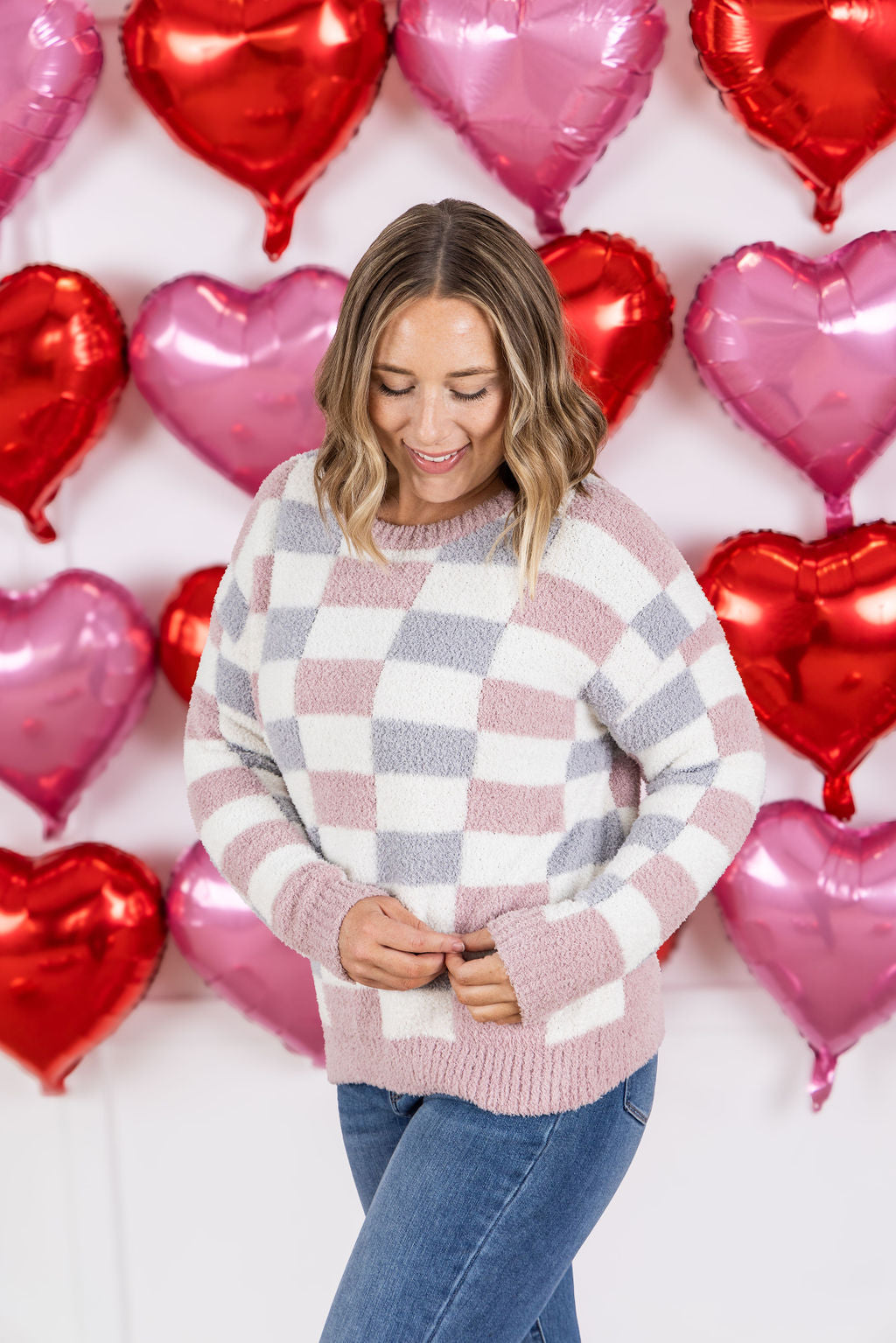 Checkered Sweater - Grey and Pink