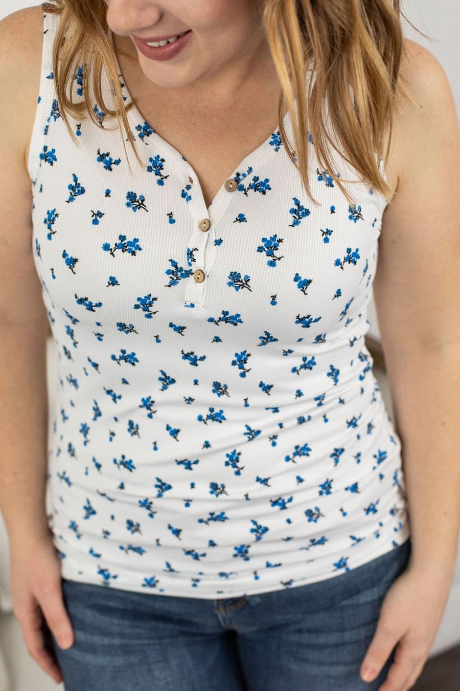 Micro Blue Floral Button Henley Tank