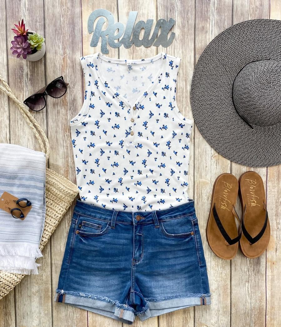 Micro Blue Floral Button Henley Tank