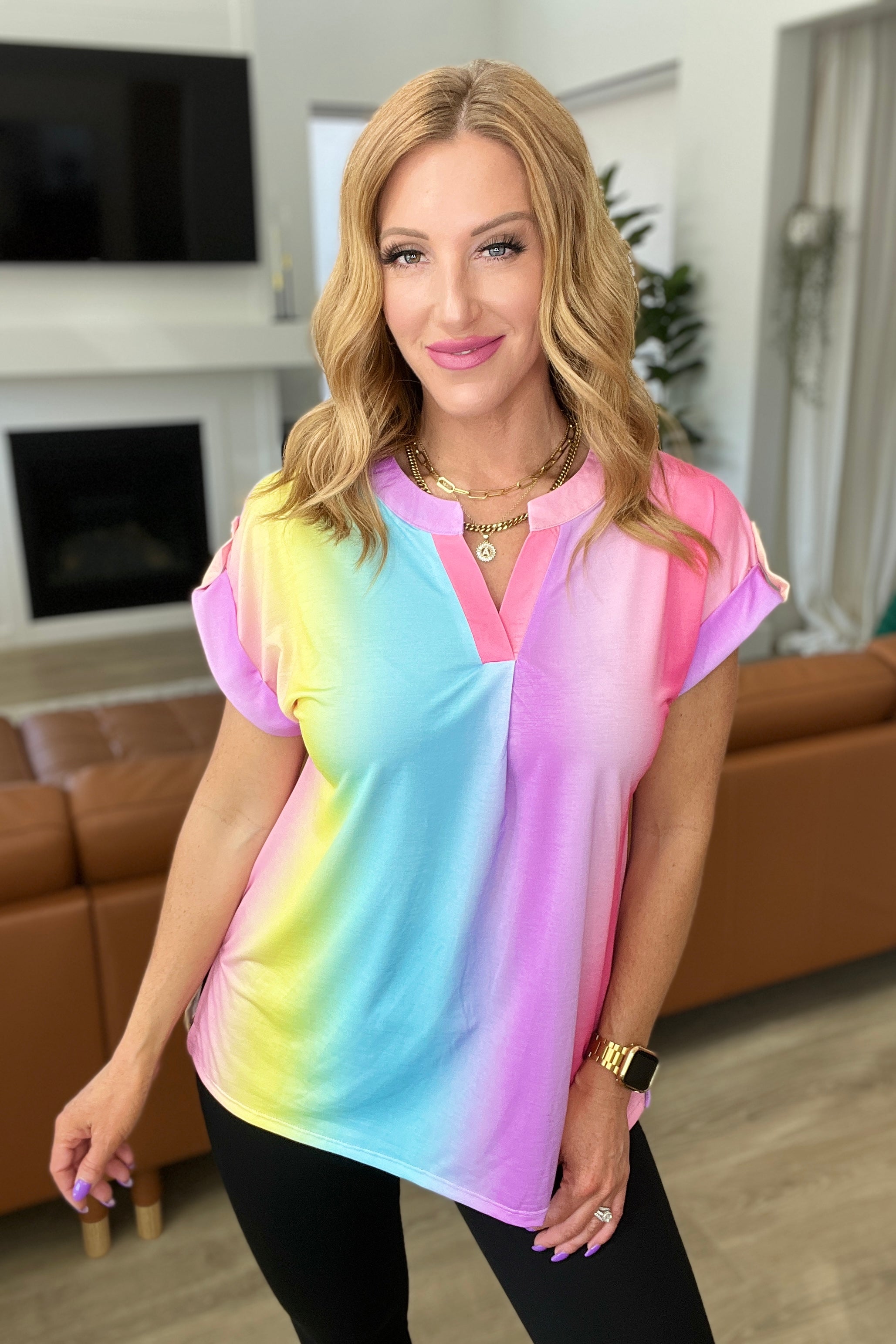 Lizzy Cap Sleeve Top in Ombre Rainbow