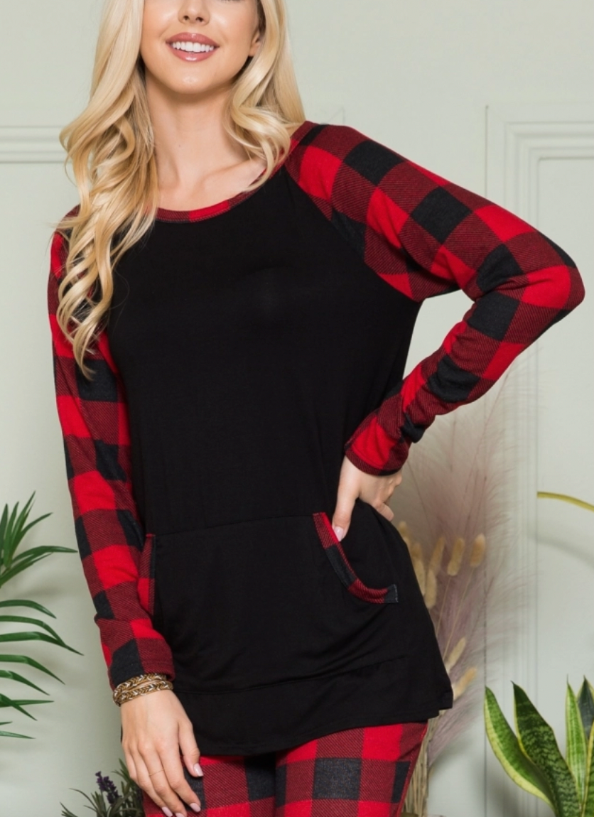 Plaid Contrast Kangaroo Top